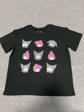 Sanrio Black Tee with My Melody & Kuromi Pink Gray Icons